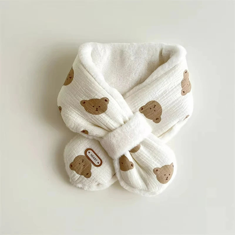 Cute Bear Baby Scarfs Winter Fleece Neck Warmer Cross Scarves for Girls Boys Toddler Kids Warm Accessories Korean 1-6 Years Old