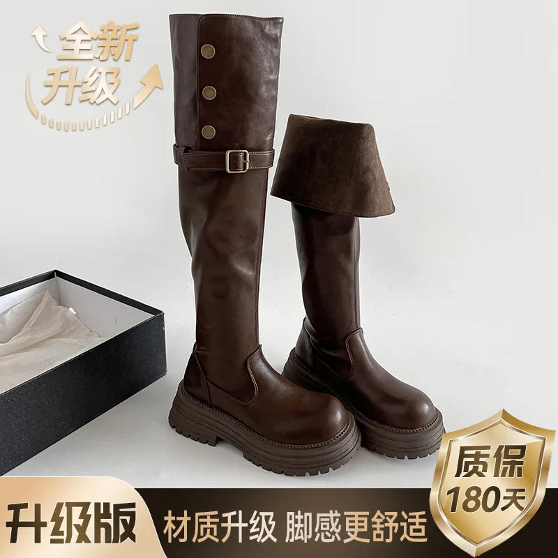 Over-the-Knee Boots2025Autumn and Winter New Retro British Style Chunky Heel Platform Boots Women's Tube Skinny Boots