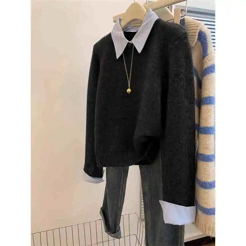 Gray Fake Two-piece Spliced Shirt Collar Sweater 2024 New Autumn/Winter Women's Lazy Style Loose Base Sweater Office Knitted Top