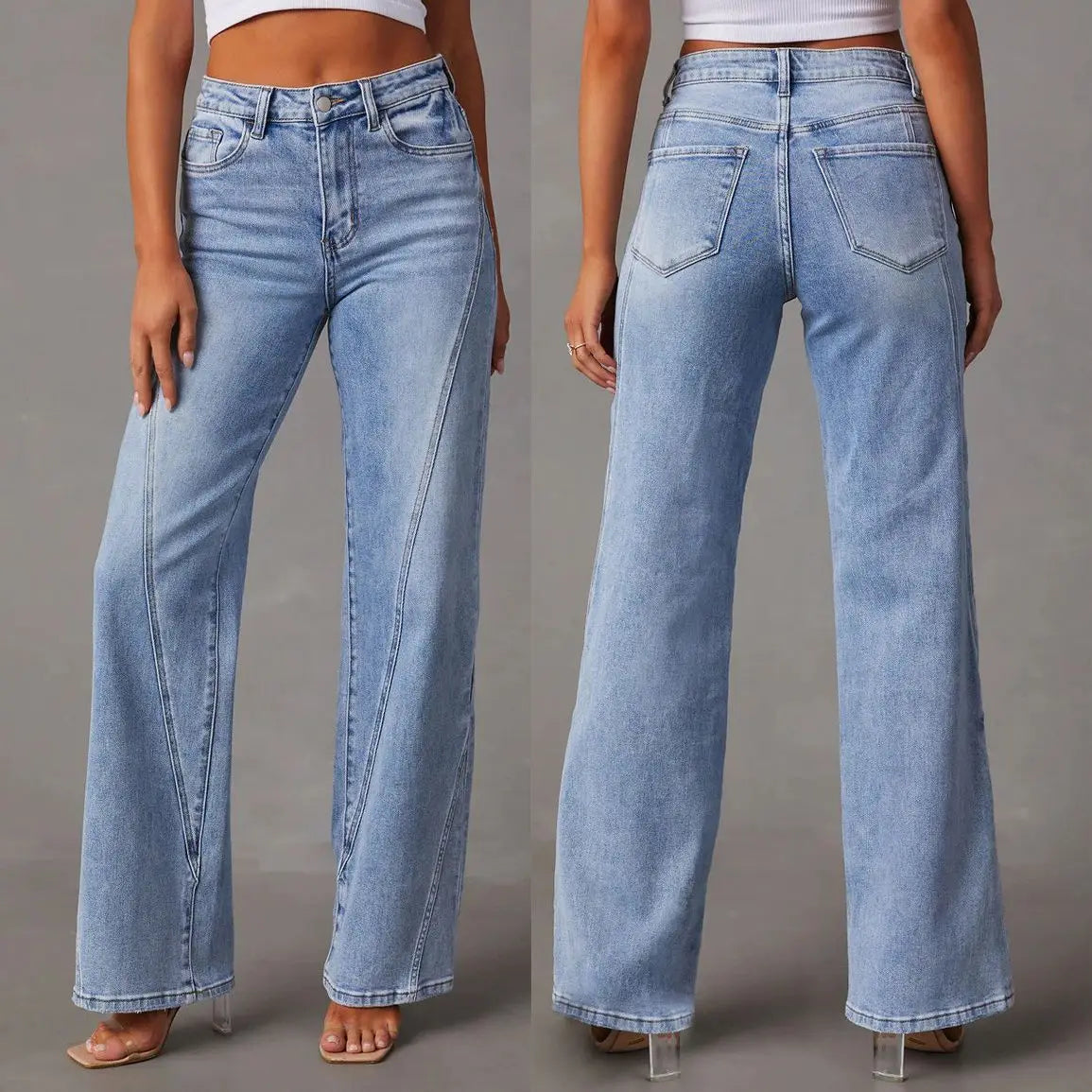 Women's Autumn and Winter New Fashion Solid Color Jeans Straight Leg Long Pants, Fashion Loose Splicing Wide-leg Women's Jeans