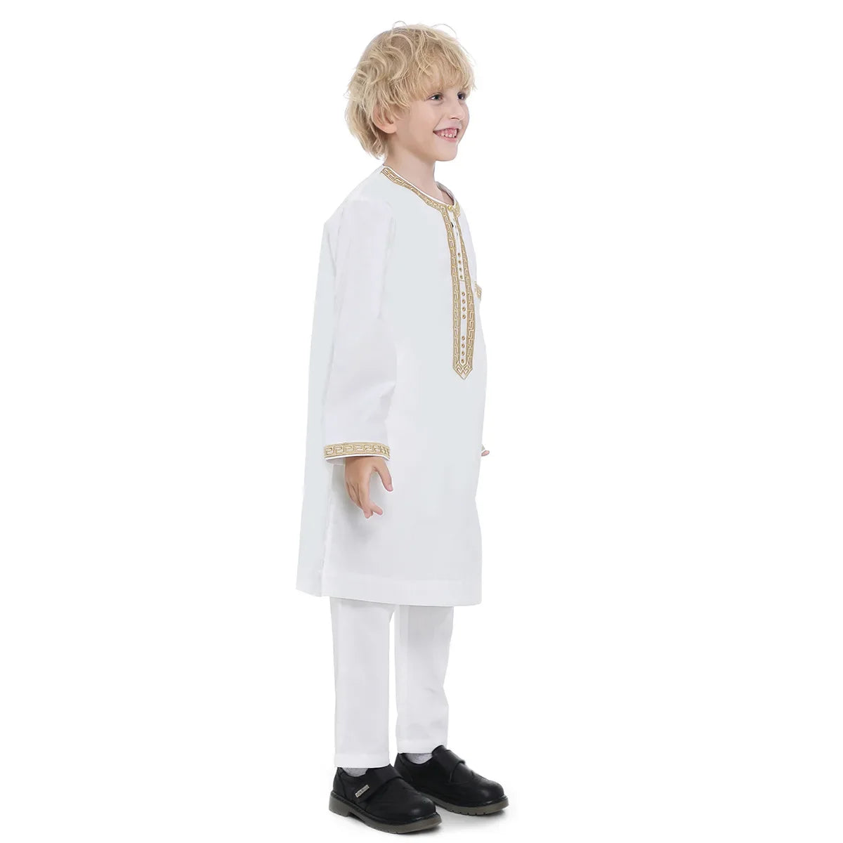 Muslim Children Robe 2 Pieces Set Kids Boy Round Neck Long Sleeve Printed Dress Shirt Abaya Kaftan Jubba Thobe Islamic Clothing