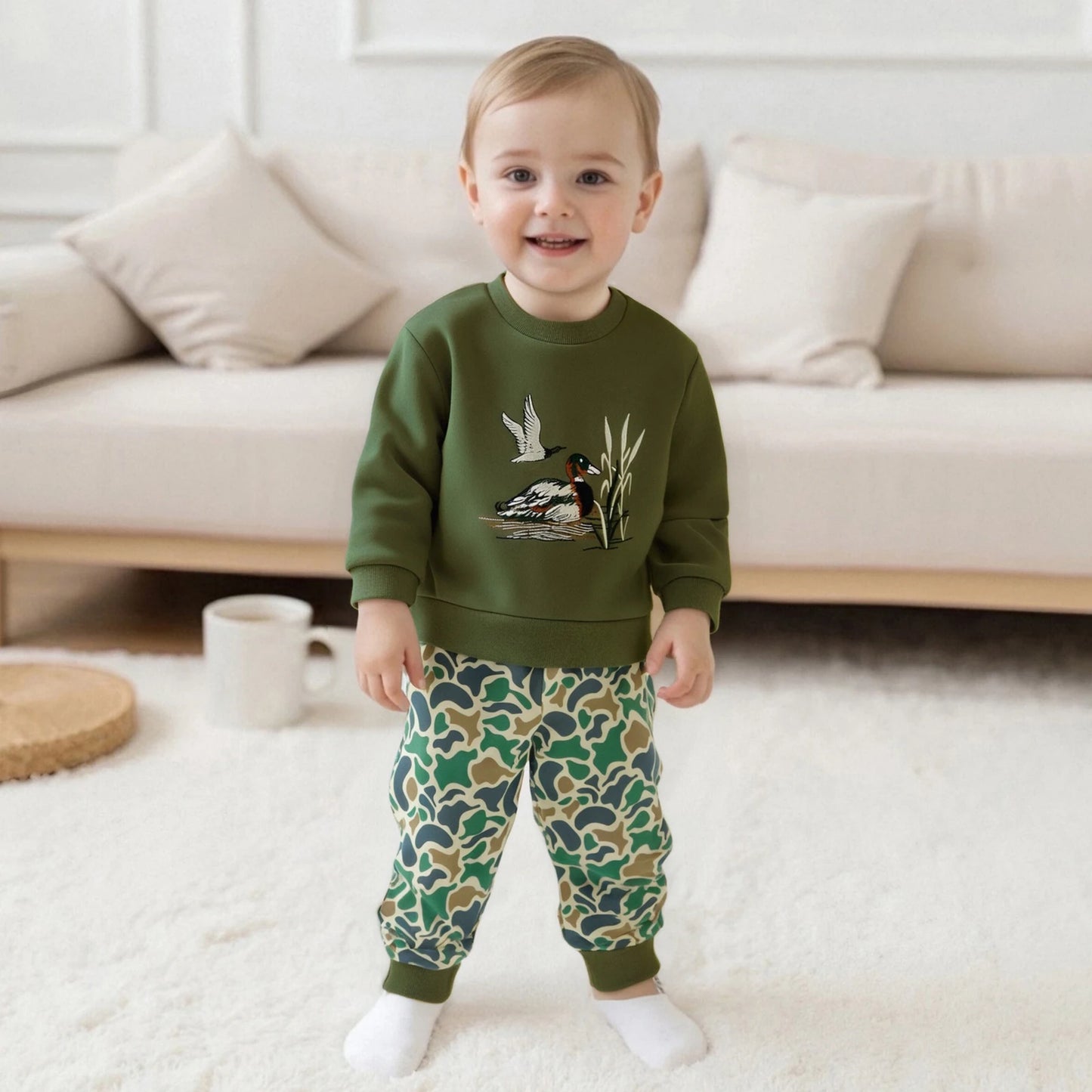 FOCUSNORM 0-4Y Casual Kids Boys Fall Clothes Sets Duck Embroidery Long Sleeve Round Neck Pullover + Camouflage Pants