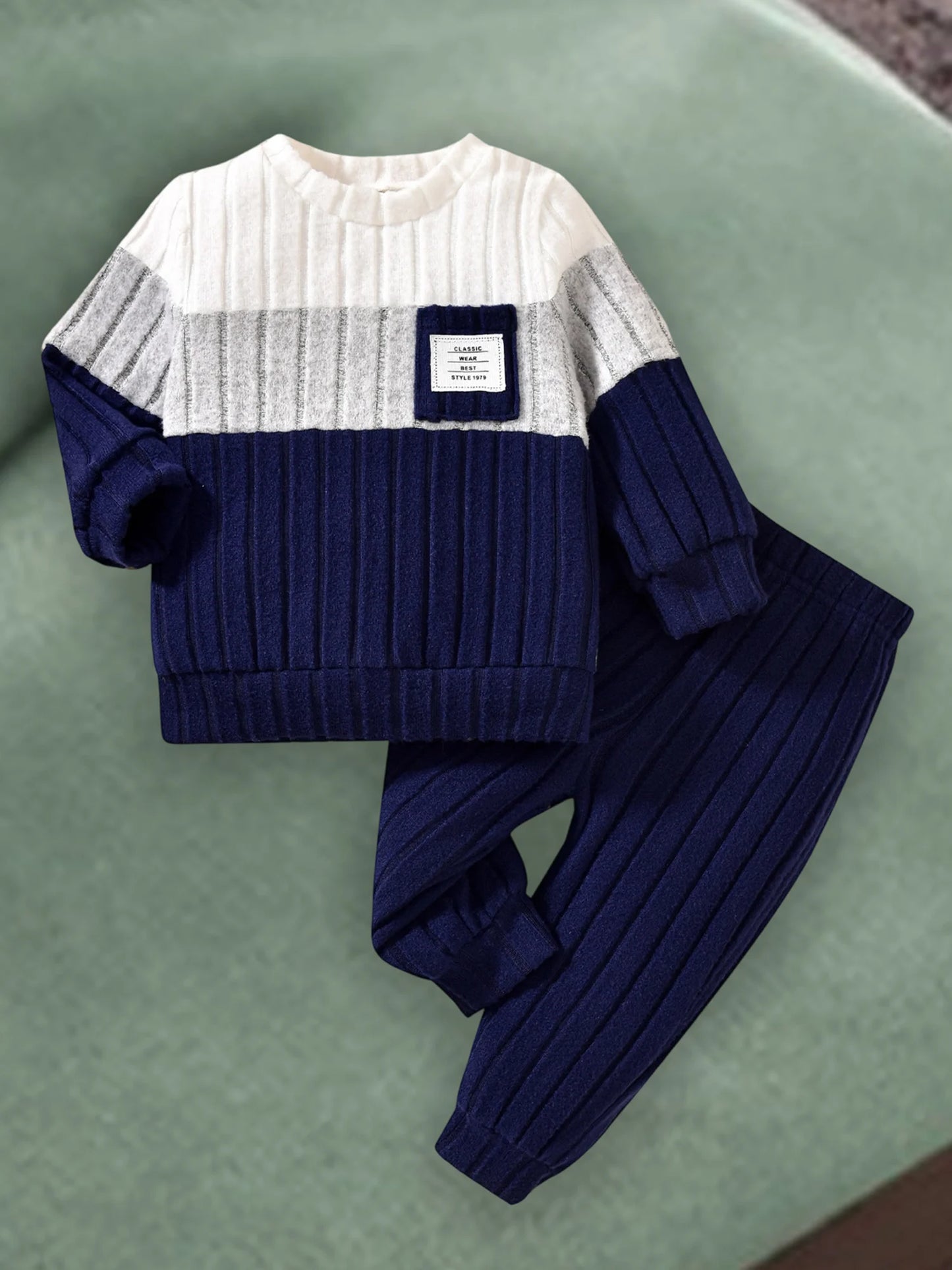 VISgogo 0-3 Years Boys Fall 2Pcs Clothes Sets Long Sleeve O Neck Patchwork Pullover Solid Color Pants