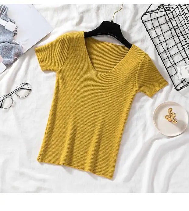 2026 Basic V-neck Solid Thin Summer Women Pullover Female Knitted Ribbed Sweater Slim Short Sleeve Bodycon Sweater