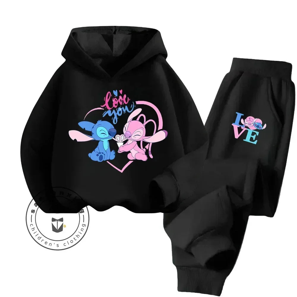 Cartoon Stitch Children Hooded Sweatshirt+Pants Two-piece Set Boy Girl Autumn Winter Daily Outdoor Vacation Warm Soft Sportswear