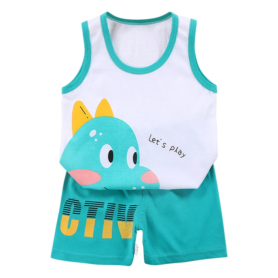 2 Pcs Summer Children's Animal Cartoon Print Vest Sets Girls Clothes Baby Korean Thin Boys Kids Sleeveless Casual Clothing Sets