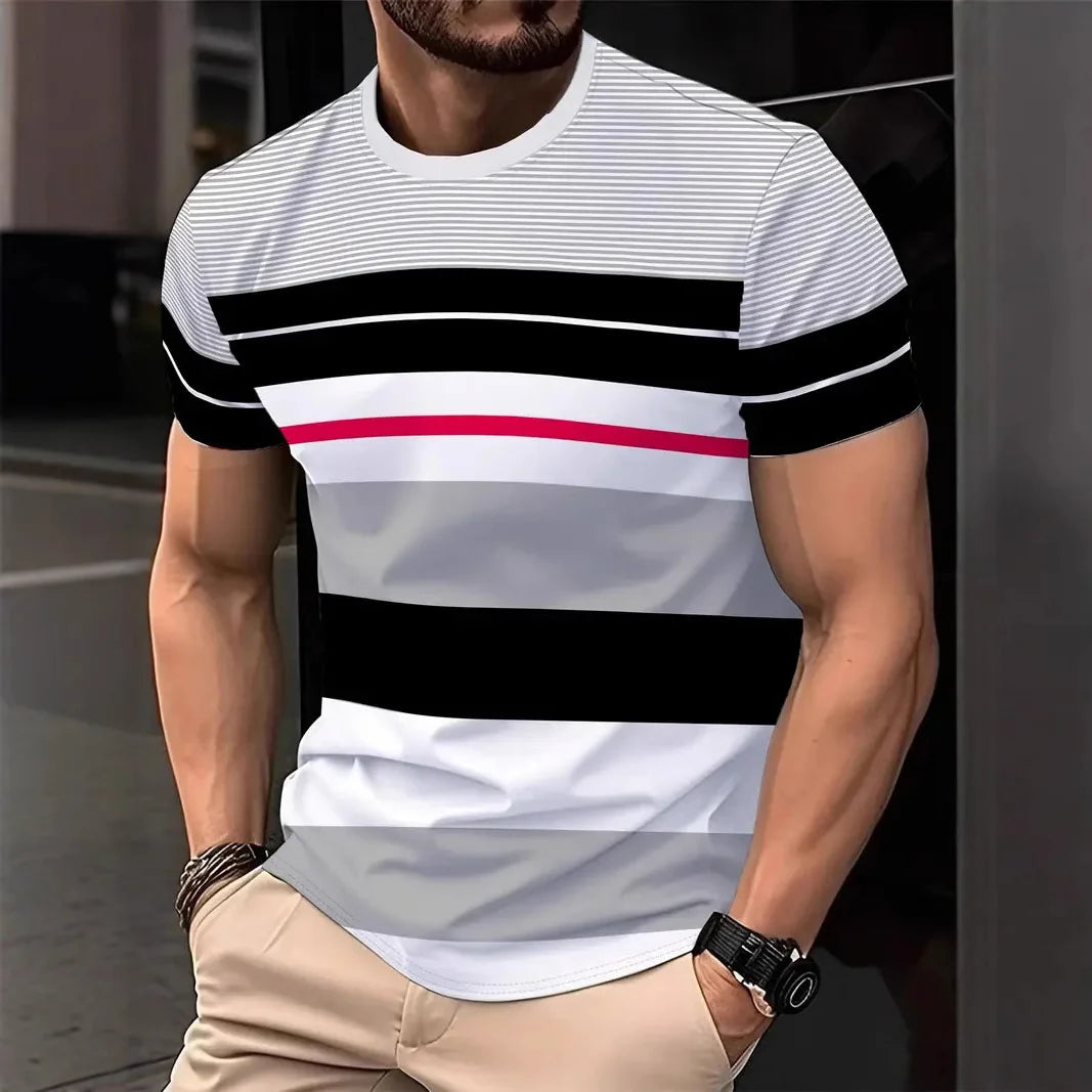 2025 Men's Stripe 3D TShirt Casual BreathO-Neck Short Sleeve Tee For Outdoor Activities Summer Oversized Streetwear Tops