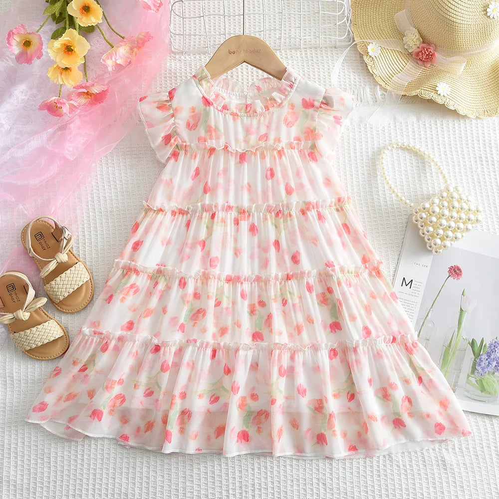 Pink Dreamy Sweet Girl Fairy Princess Dress Sleeveless Bow Decoration Mesh Lace Children's Casual Clothes Birthday Party Summer