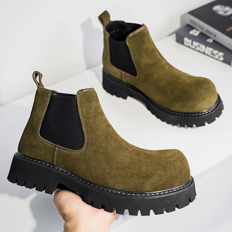 High Quality Fashion Mens Boots Black Boots Fashion Casual British Style Thick Bottomed Mid-top Chelsea Boots Large Size