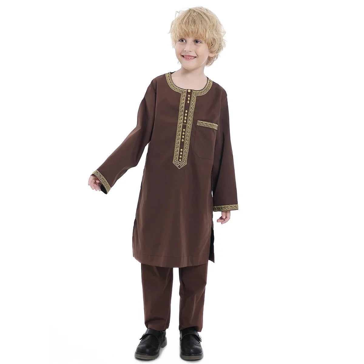 Muslim Children Robe 2 Pieces Set Kids Boy Round Neck Long Sleeve Printed Dress Shirt Abaya Kaftan Jubba Thobe Islamic Clothing
