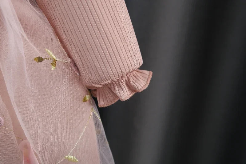 Winter New Girls' Dress Long Sleeve Puffed Sleeve Crew Neck Top Knitted Shirt Gauze Dress Flower Sweet Princess Dress