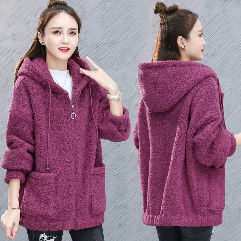 Lamb Velvet Hoodie Women's Thickened Fleece Teddy Velvet Loose Autumn Winter Korean Style Zipper Cardigan 082