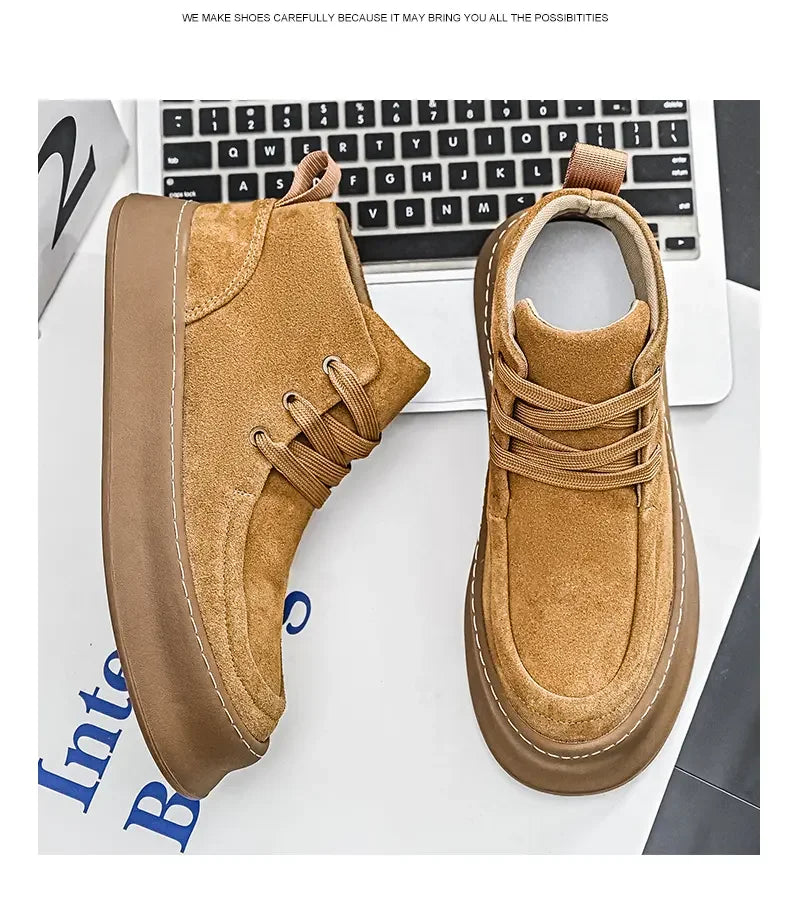 Men's High-top Boots in Solid Colors Flat Heels and Lace-up A Trendy Brand Design for The Four Seasons Fashion Walking Boots