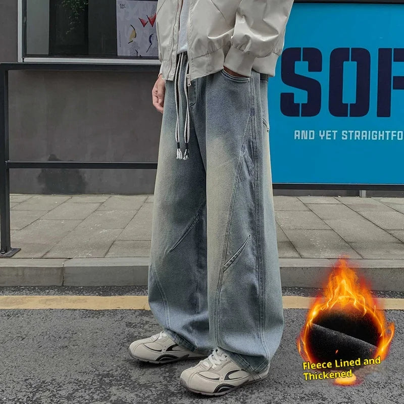 Men's Fleece-Lined Thick Wide-Leg Jeans with Vintage Washed Design, Elastic Drawstring Waist, Winter Warmth That Doesn'T Freeze the Legs, Available in Black/Blue, Loose Fit That Makes You Look Slimmer and Taller, Suitable for