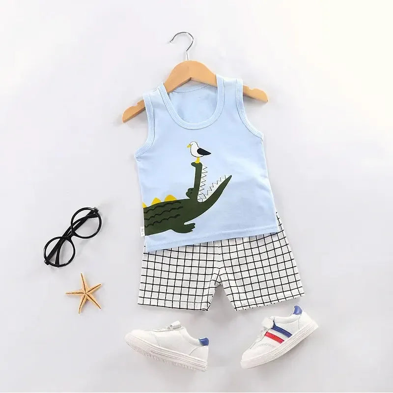 Summer Kids Baby Pajamas Vest+Shorts 2-Piece Clothing Set Boys Girls Cartoon Lion Giraffe Cotton Casual Clothes Suit 0-4 Years