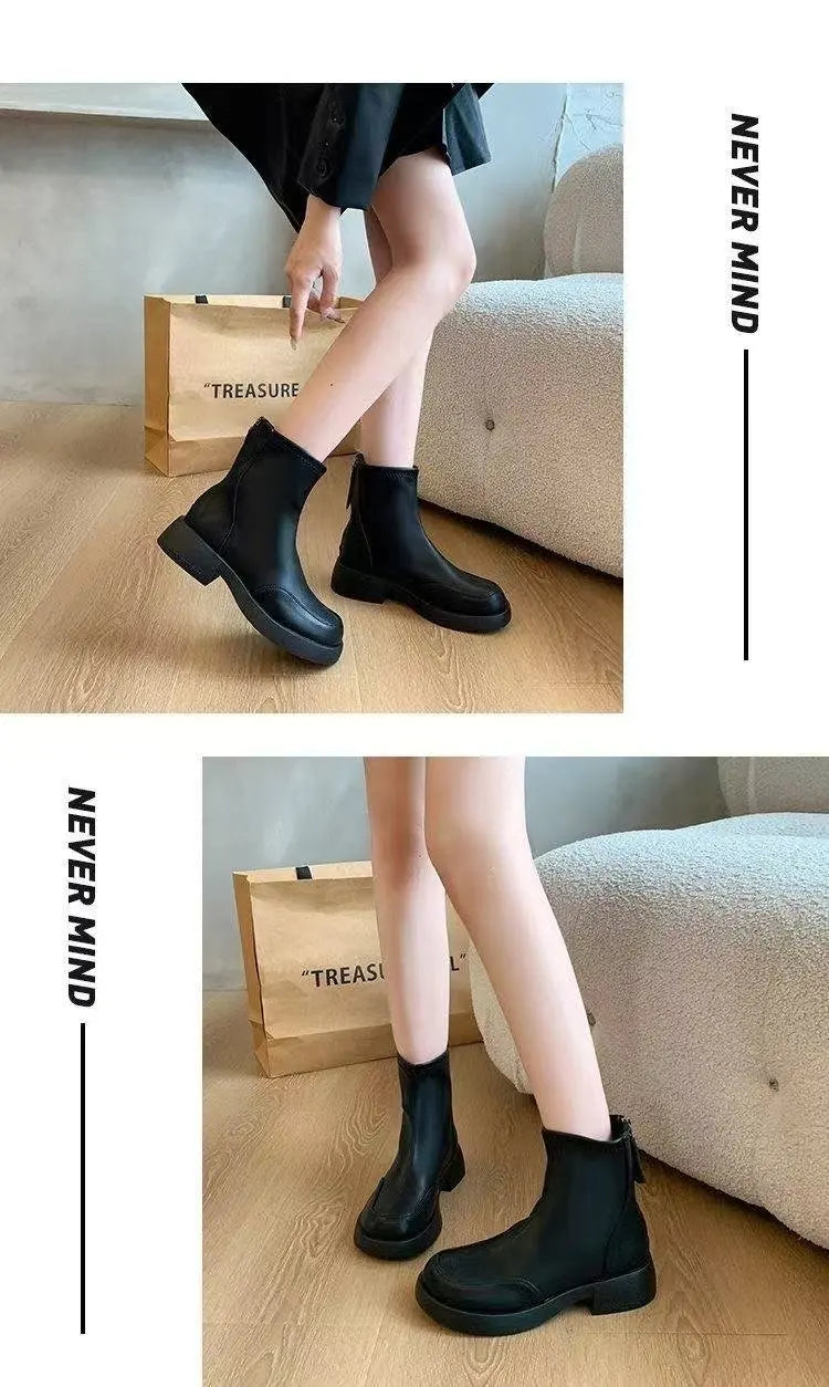 Women's British Chelsea Boots     Black Square-Toe Elastic Booties Side Zip Fringe Winter Shoes Versatile Winter Shoes