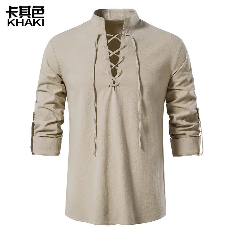 Men Cotton Linen Lace Up Long Sleeve Solid Blouse Shirts Summer Male Solid Loose Pullover Blouse Tops ARJ-A1776