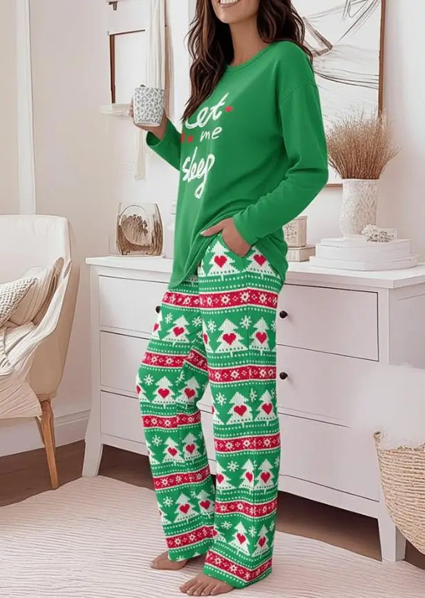 Letter Printed Round Neck T-Shirt and Christmas Tree Love Printed Straight Leg Pants Set Christmas Ladies' Pajamas Set