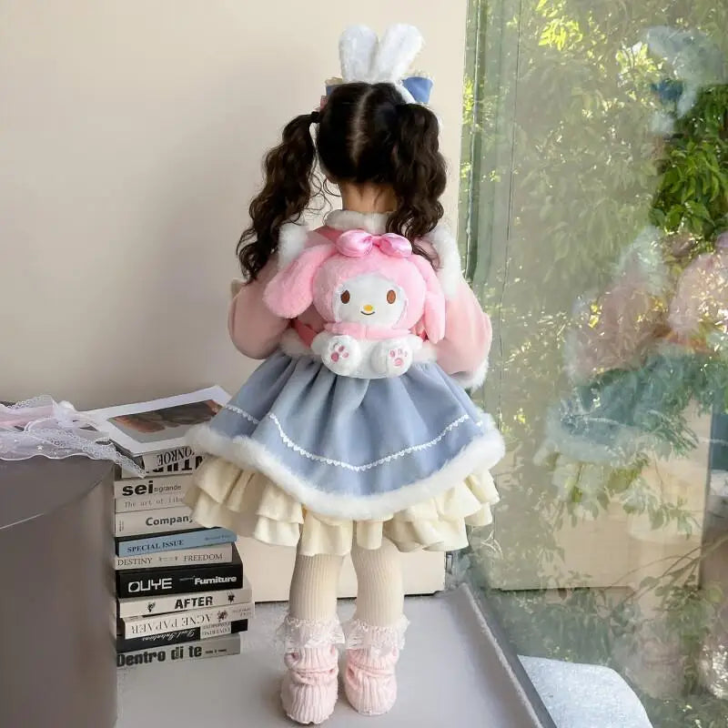 Anime My Melody Lolita Princess Dress Girl Bow Decoration Party Dress Ruffled Tutu Skirt Fleece-Lined Layered Dress Ball Gown