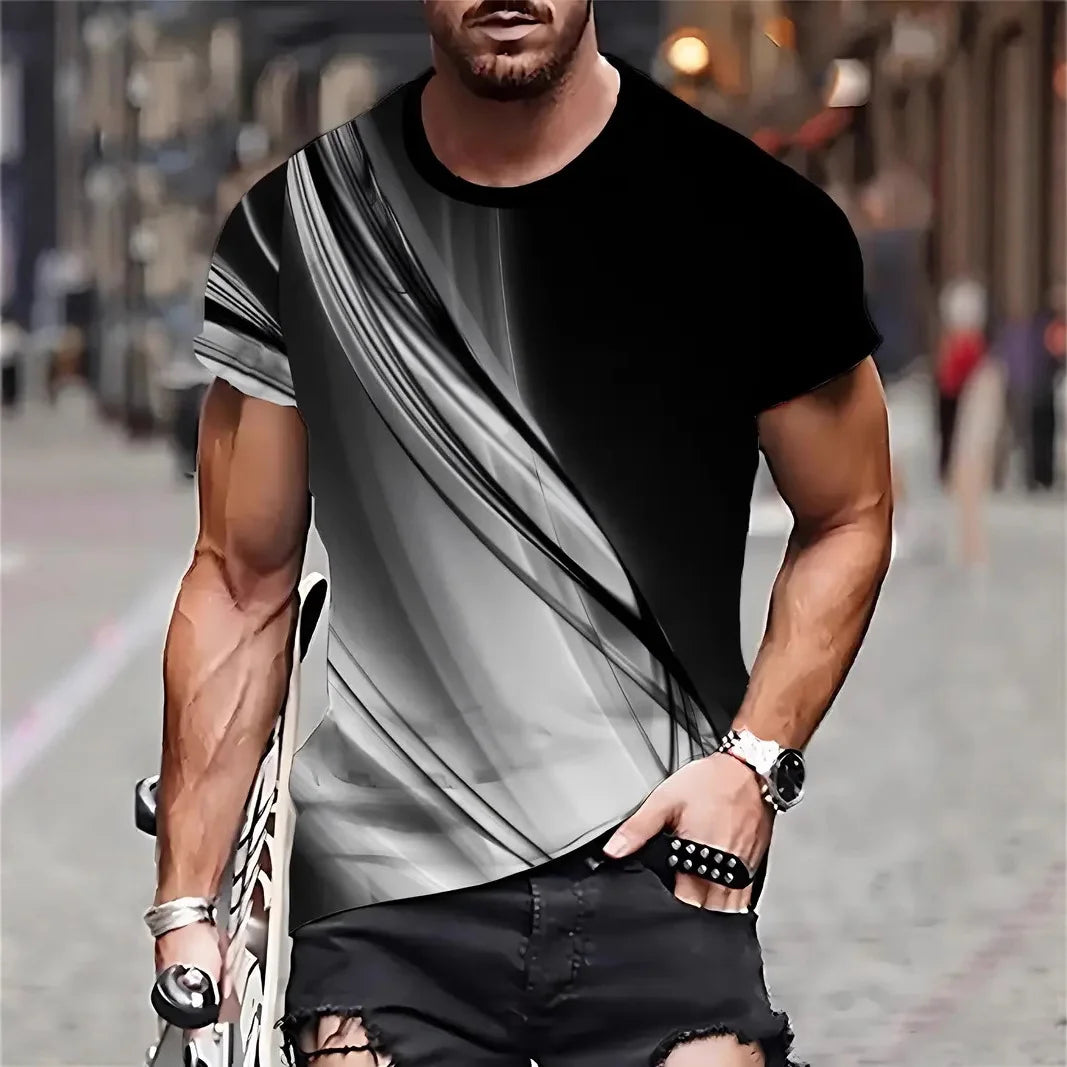 2025 Men's Stripe 3D TShirt Casual BreathO-Neck Short Sleeve Tee For Outdoor Activities Summer Oversized Streetwear Tops