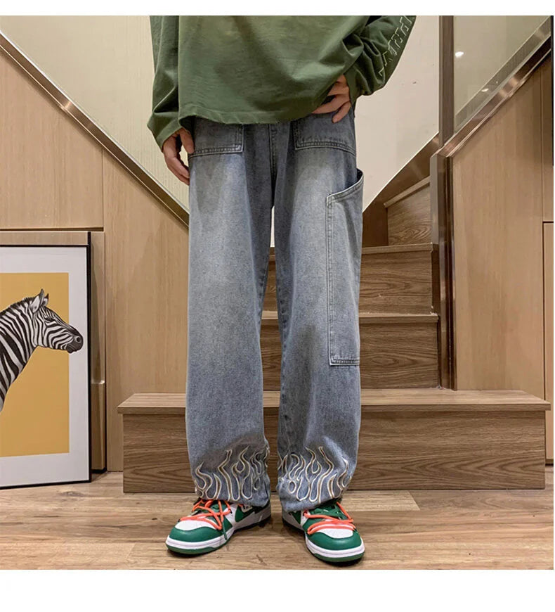 Fashion Flame Embroidery Men's Jeans Neutral Wide Leg Denim Trousers Loose Straight Jeans Youth Casual Baggy Hip Hop Pants 2023