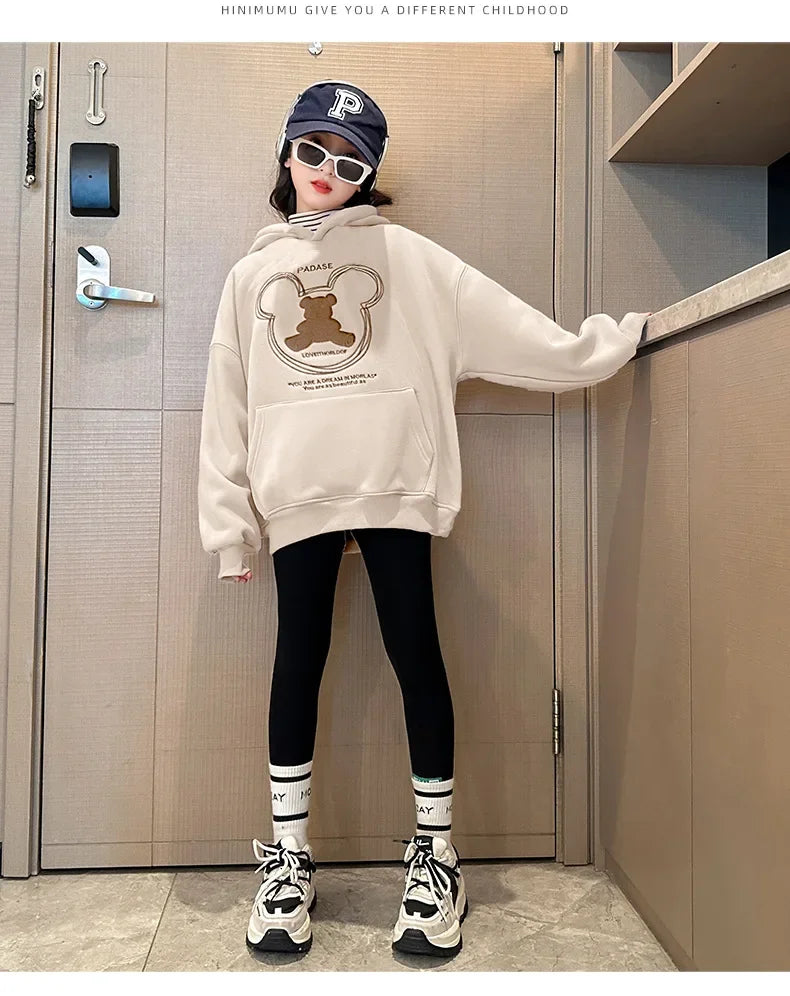 2026 girls clothes spring winter sweatshirt bear t-shirt hooded + stretch pants leggings teens children set 8 9 10 11 12 year