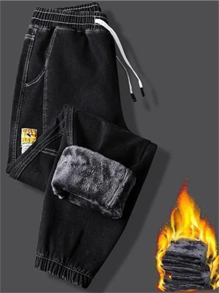 2023New Men's jeans Winter Fleece Jeans Thick Warm Denim Pants Men Streetwear Black Joggers Harem Jean Thermal Trousers