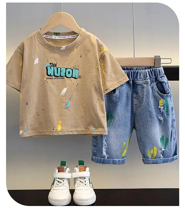 Korean Baby Boys Summer Sets Children's Clothing Short-Sleeved Letter T-Shirt & Denim Shorts Kids Boys Outfits Clothes 2-11Y