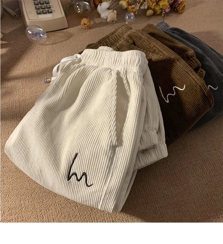 Corduroy Pants for Couples Autumn Winter Loose Fit High Waist Casual Loose Trousers Sports Pants Men Women Trendy Embroidery