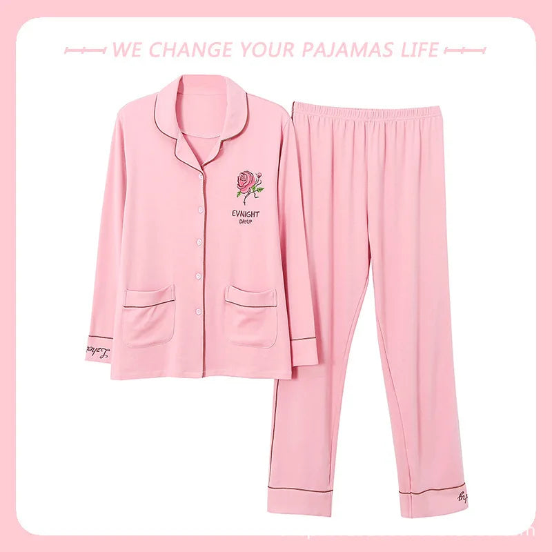 Ladies 100% Pure Cotton Long Sleeve Spring Autumn Lightweight Full Cotton Set Cardigan Sleepwear for Middle-Aged Mothers