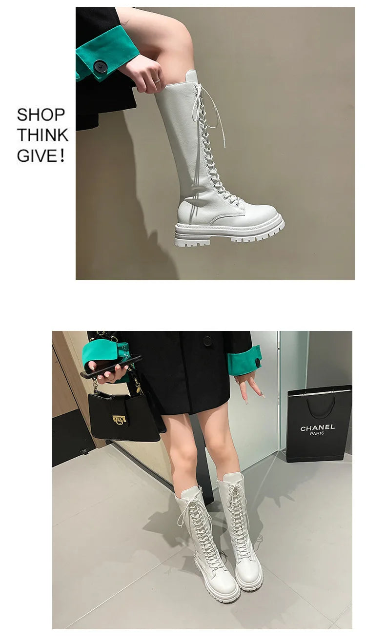 Long boots for women  spring 2025 new white thick soled long boots with thick legs and high waisted straps