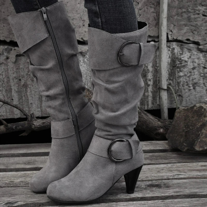 Women's Boots Side Zipper Modern Boots Fashion Pointed Toe Shoes High Heels Suede Mid-Calf Boots Solid Belt Buckle Casual Boot