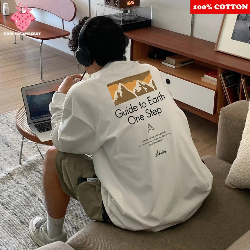 American style White Print T-shirt Men Autumn 2025 New 100% Cotton Oversize Loose Casual Long sleeves TeeTop Y2k Male clothing