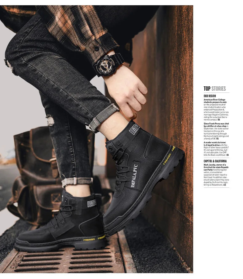2025 Winter Mens Shoes New in Casual Male Boots Platform Tactical Ankle High Top Outdoor Walking Loafers Leather Army Sneakers