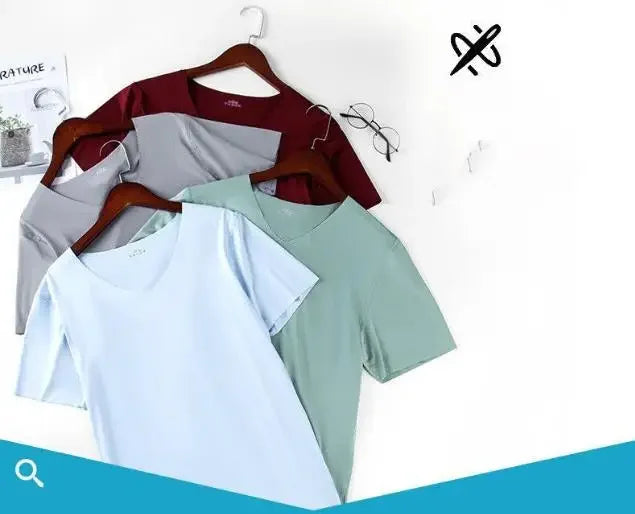 Summer Seamless Breathable Ice Silk T-Shirt Vest Men's Sports Short Sleeve T-shirt Solid Color V-neck Tees Quick Dry Shirt Tops