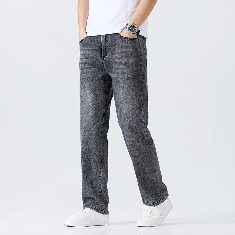 Summer Thin Straight Jeans Men's Clothing Soft Breathable Trousers Male Brand Comfortable Business Loose Denim Pants