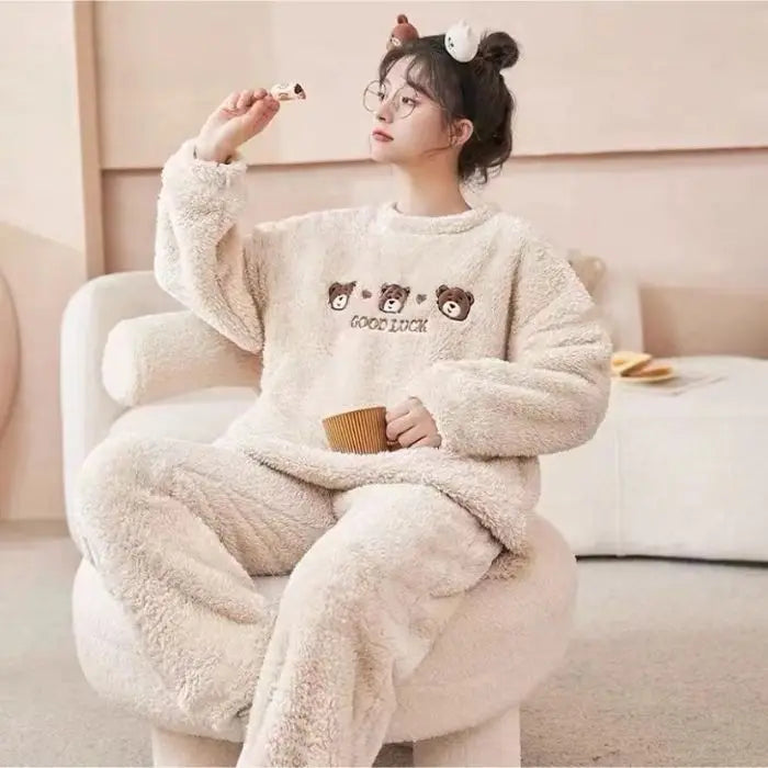 Thickened Long Sleeve Home Clothes Set with Chest Pad Winter Coral Fleece Korean Style Student Cute Large Size Home Clothes Set