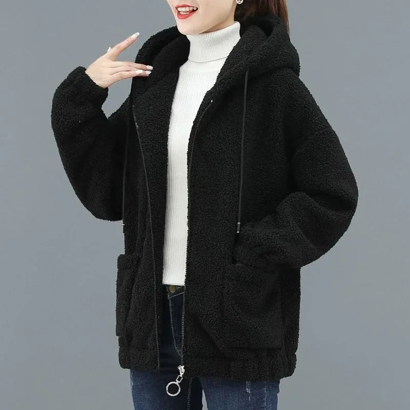 Lamb Velvet Hoodie Women's Thickened Fleece Teddy Velvet Loose Autumn Winter Korean Style Zipper Cardigan 082