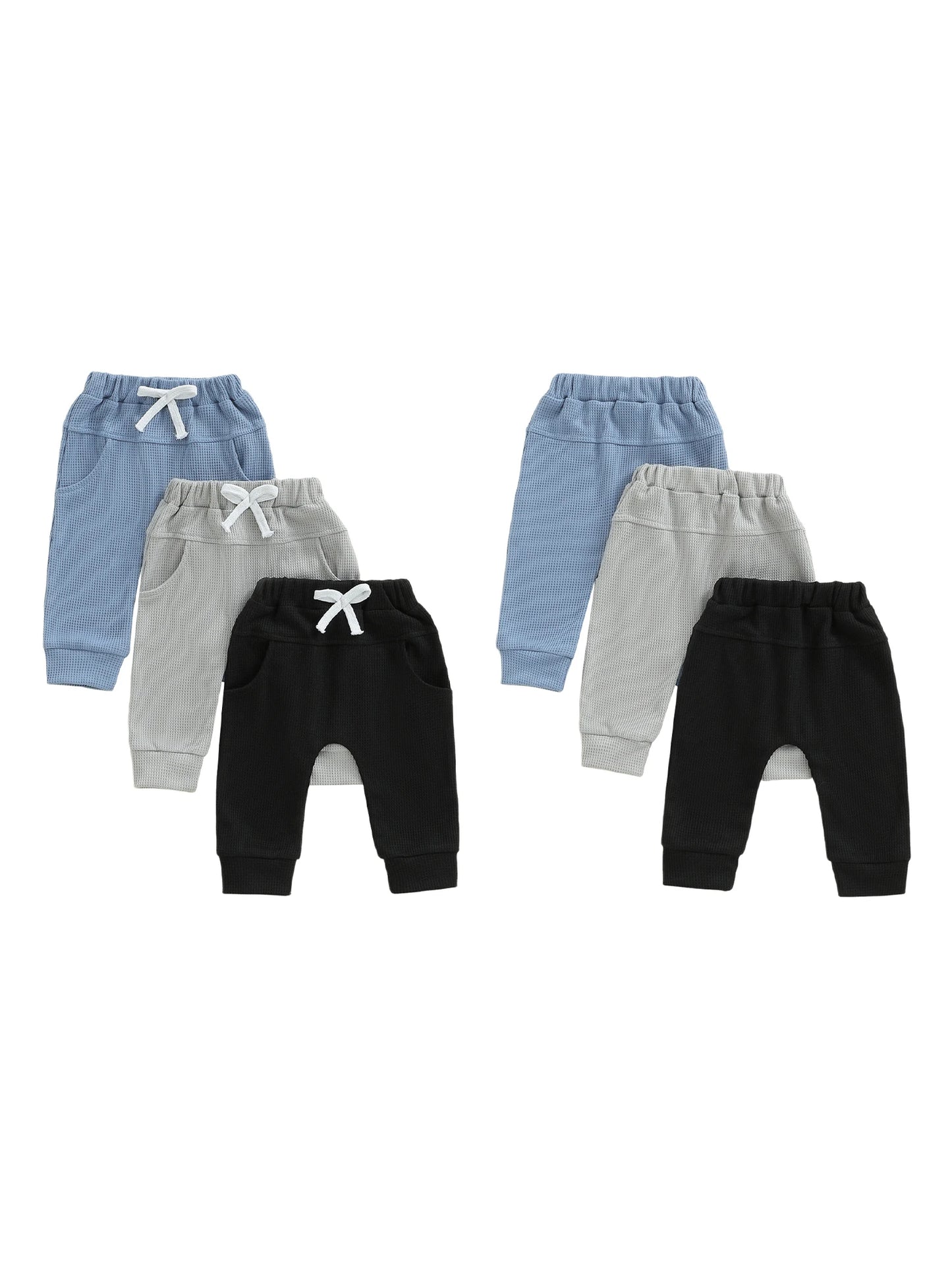 3 Pack Waffle Texture Casual Pants Soft Solid Color Elastic Waistband Toddler Boys Trousers