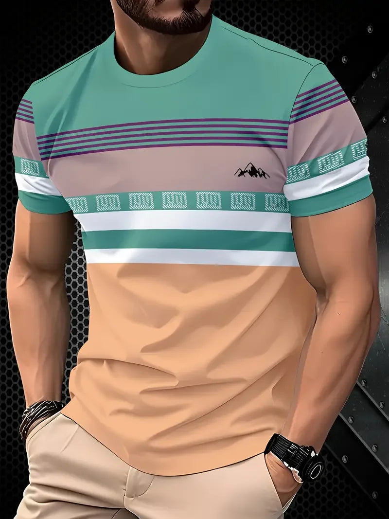 Summer Classic Men's T-shirt Outdoor Round Neck Short Sleeve Top Stripe Print Street Loose T-Shirt Male Oversized Clothing