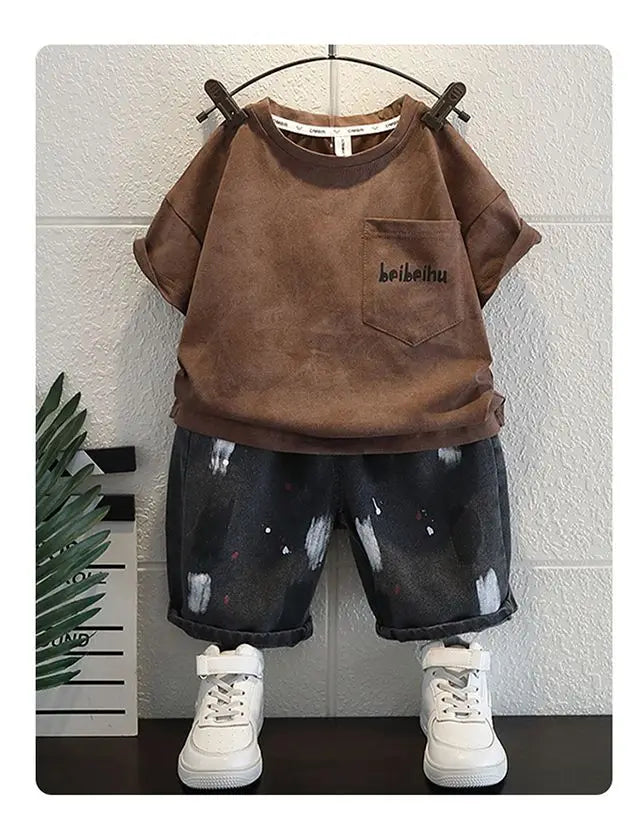 Korean Baby Boys Summer Sets Children's Clothing Short-Sleeved Letter T-Shirt & Denim Shorts Kids Boys Outfits Clothes 2-11Y