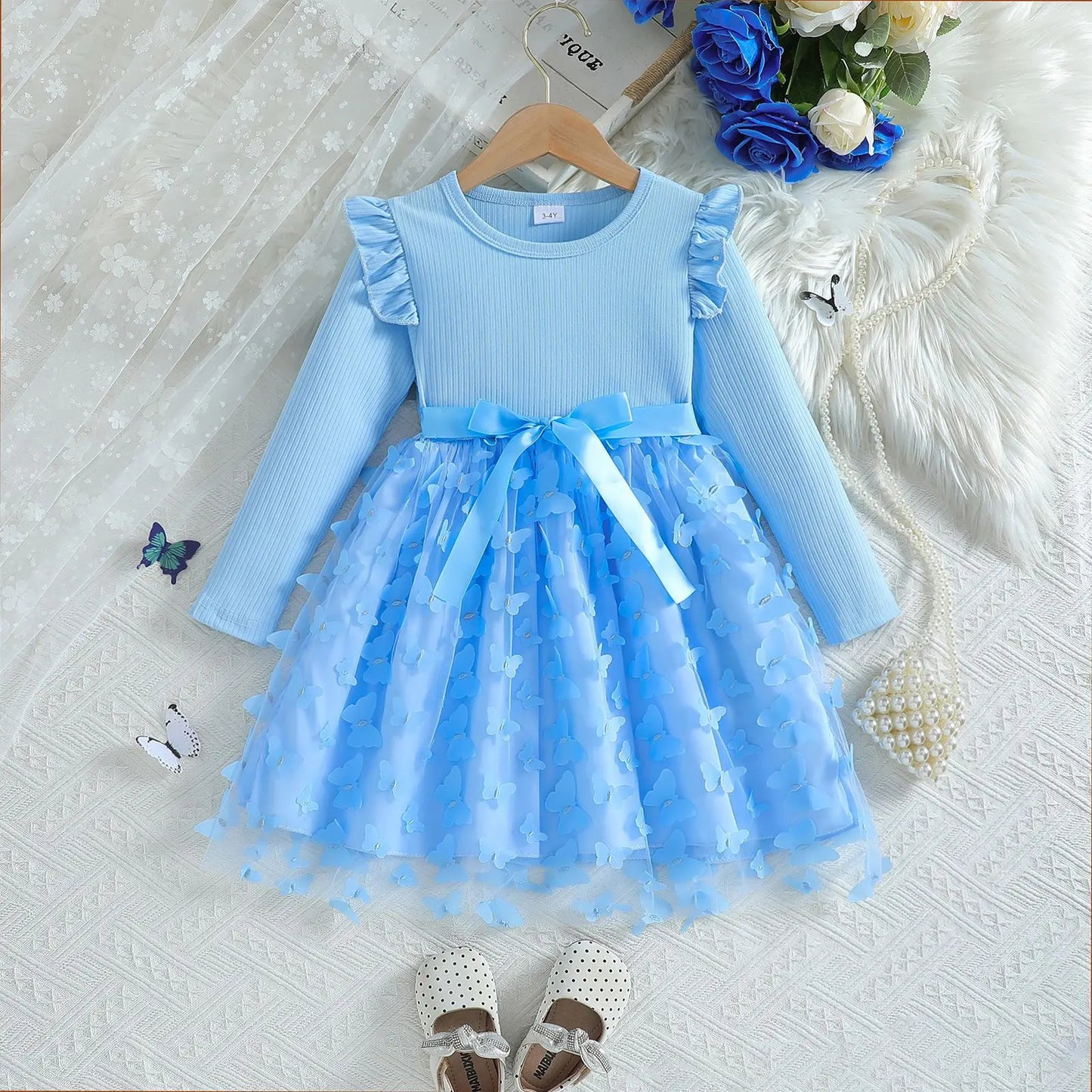 Custom Made Girls' Dresses Girl Three Butterfly Sweet Mesh With Belt Long Sleeved Dress Vestidos De Bebê