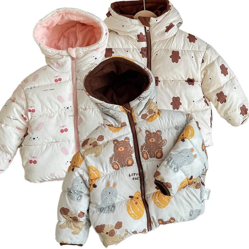 Can Be Worn On Both Sides Autumn Winter Boys Girls Jacket Cute Rabbit Ears Thicken Keep Warm Hooded Down Cotton Outwear For Kids