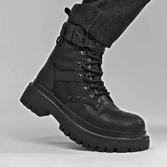 Men's High-Top Boots Retro British Style Black Tooling  Boots Fad Belt Buckle Designer Motorcycle Boot Man Casual Platform Boots
