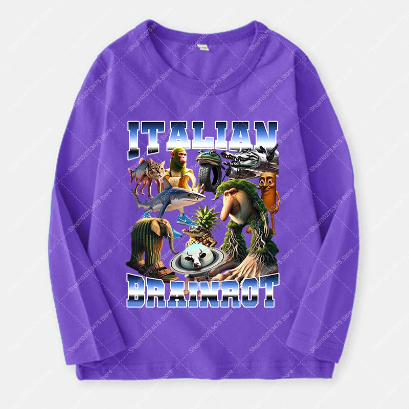 Italian Brainrot Long Sleeve T-shirt for Kids Funny Meme Children Autumn Tops Tung Tung Tung Sahur Tee Boy Girl Clothing Gifts