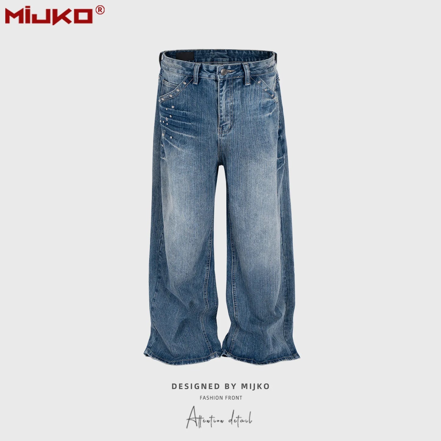 MIJKO Men Women Jeans Washed Fashion Rivet Casual Denim Pants