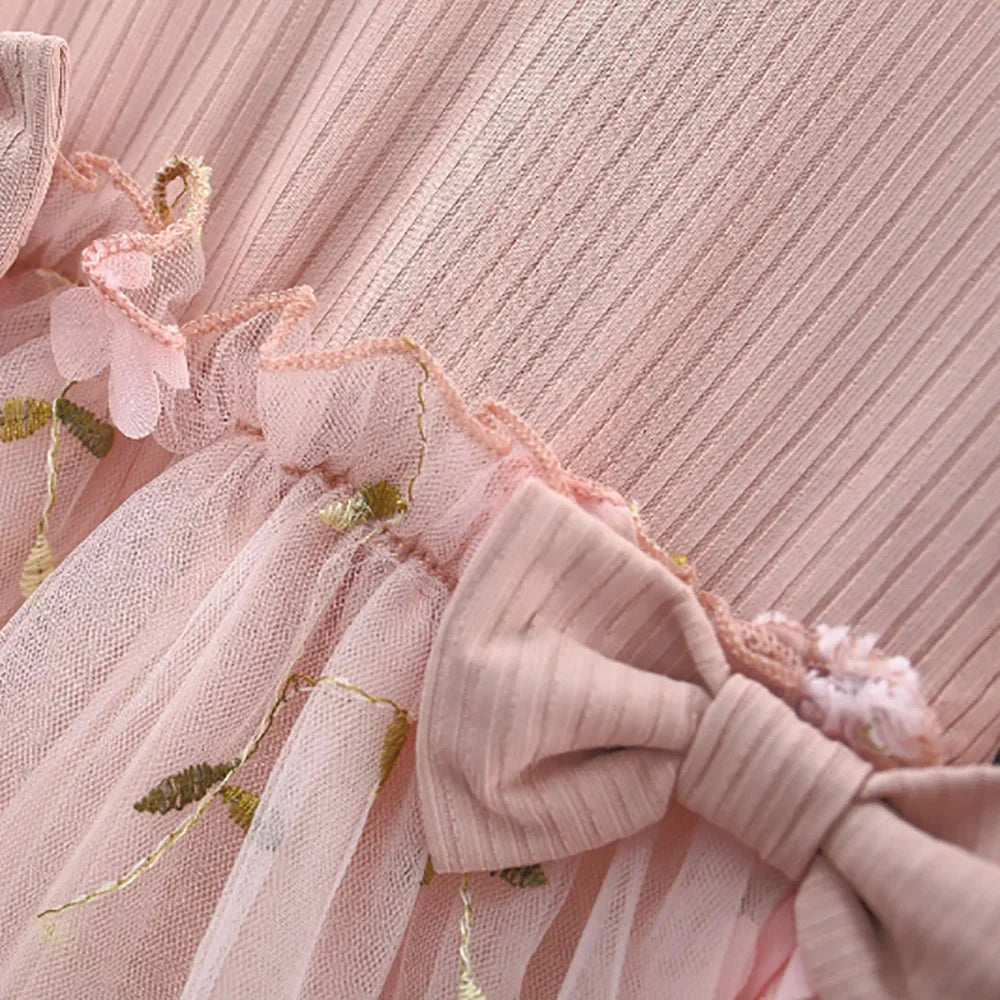 Winter New Girls' Dress Long Sleeve Puffed Sleeve Crew Neck Top Knitted Shirt Gauze Dress Flower Sweet Princess Dress