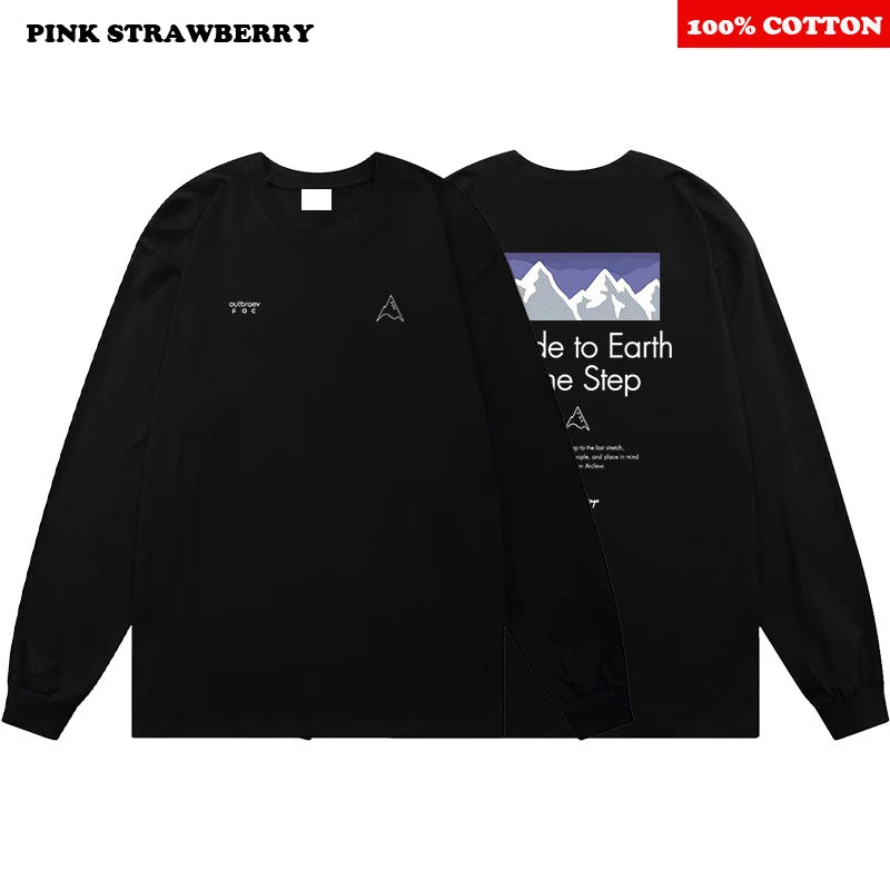 American style White Print T-shirt Men Autumn 2025 New 100% Cotton Oversize Loose Casual Long sleeves TeeTop Y2k Male clothing