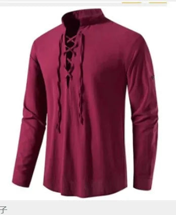 Men Cotton Linen Lace Up Long Sleeve Solid Blouse Shirts Summer Male Solid Loose Pullover Blouse Tops ARJ-A1776