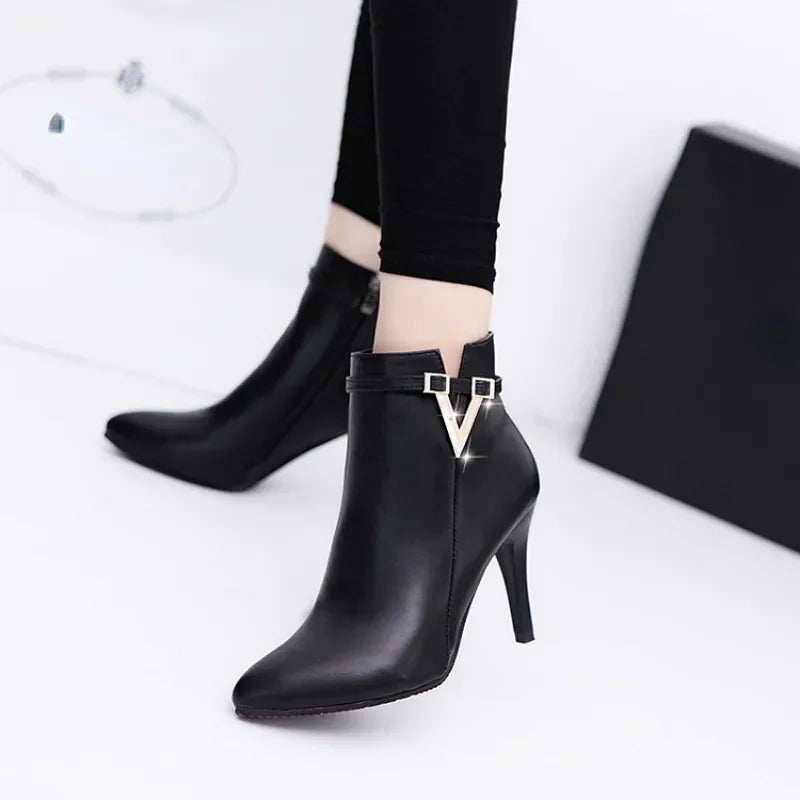 Botas Mujer Invierno  Autumn Stiletto Thin High Heels Woman Pointed Toe Pu Leather Zipper Sexy Ankle Women Boot Botines Chelsea8